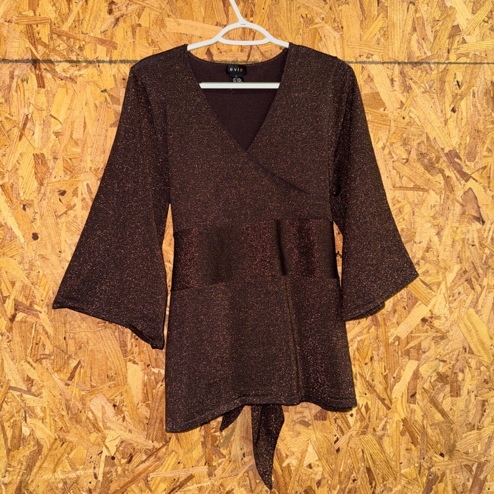 VTG Y2K Brown Wrap Tunic Top Bow Tie Back Silk‎ Lurex Etc Shiny Party Sparkly L